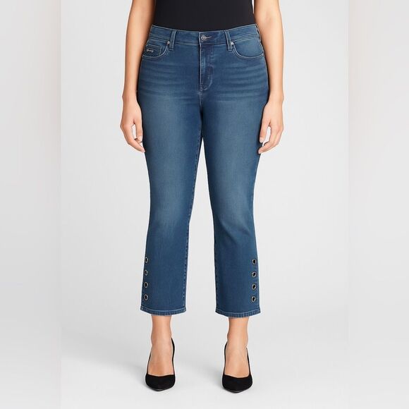 Seven7 Women’s Size 14 Mid Rise Ankle Boot Jeans Blue Stretch Denim Grommet Hem - Picture 11 of 11